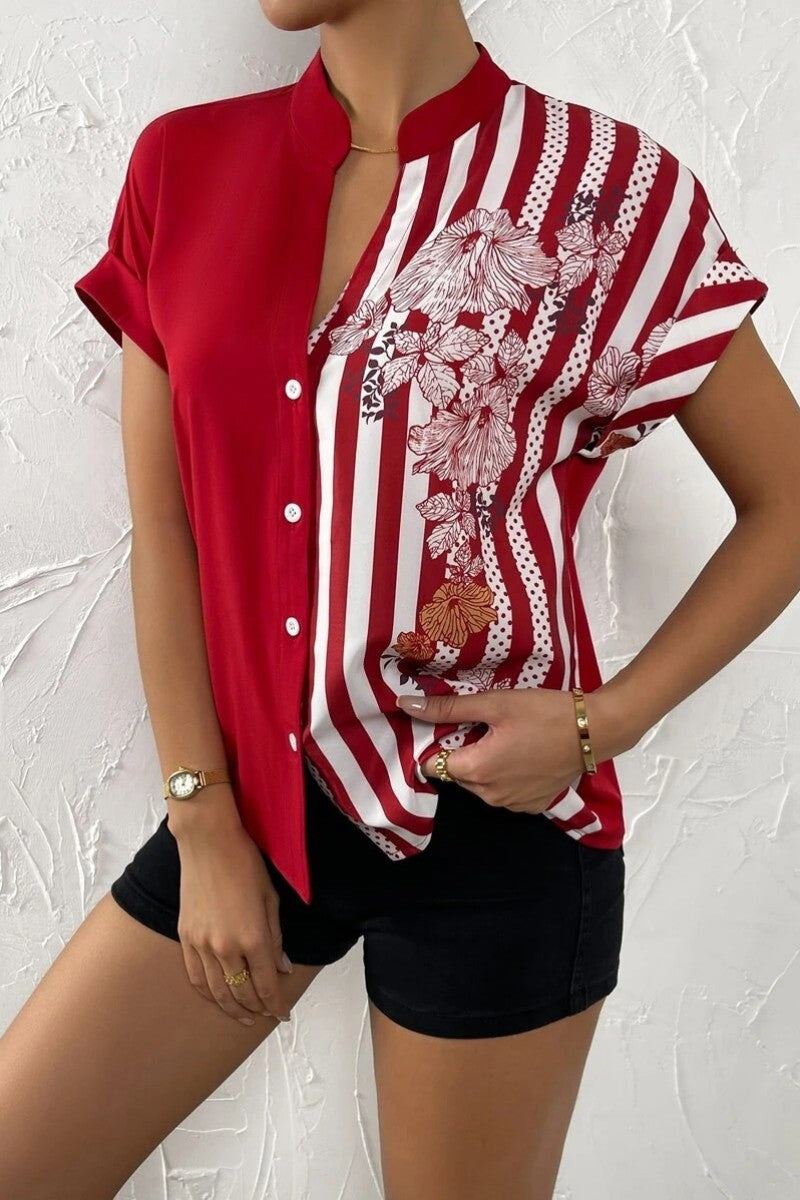 Casual Print Patchwork V Neck Blouses(7 Colors)