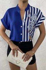 Casual Print Patchwork V Neck Blouses(7 Colors)