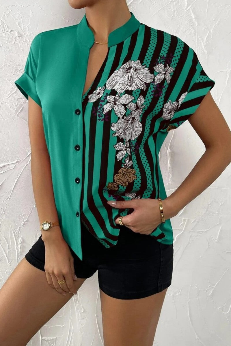 Casual Print Patchwork V Neck Blouses(7 Colors)