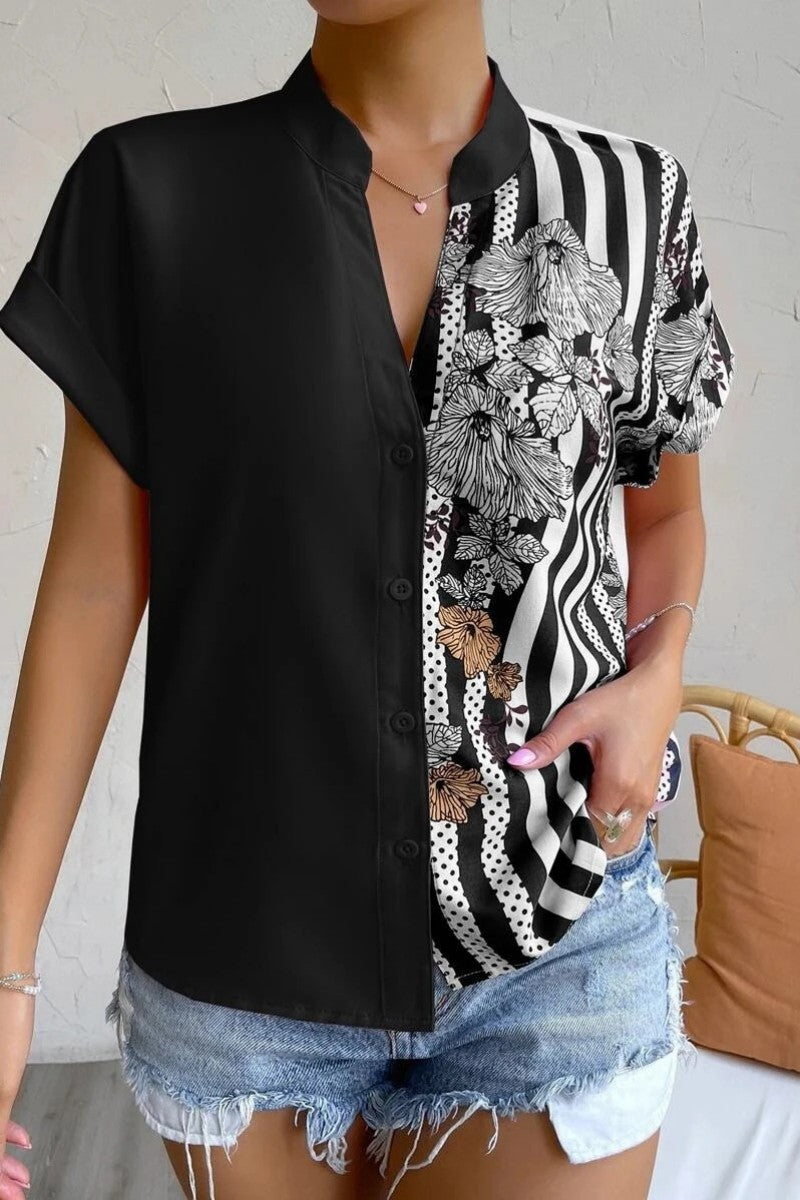 Casual Print Patchwork V Neck Blouses(7 Colors)