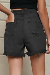 Casual Simplicity Solid Tassel Ripped Straight Denim Shorts