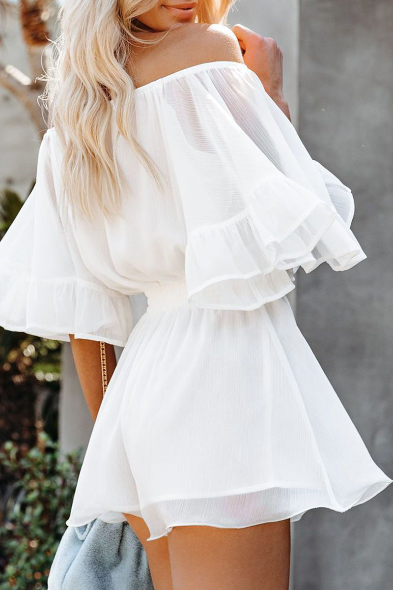 Casual Daily Solid Patchwork Flounce Off the Shoulder Loose Rompers