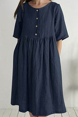 Casual Solid Buttons O Neck Short Sleeve Dress(3 Colors)