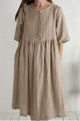 Casual Solid Buttons O Neck Short Sleeve Dress(3 Colors)