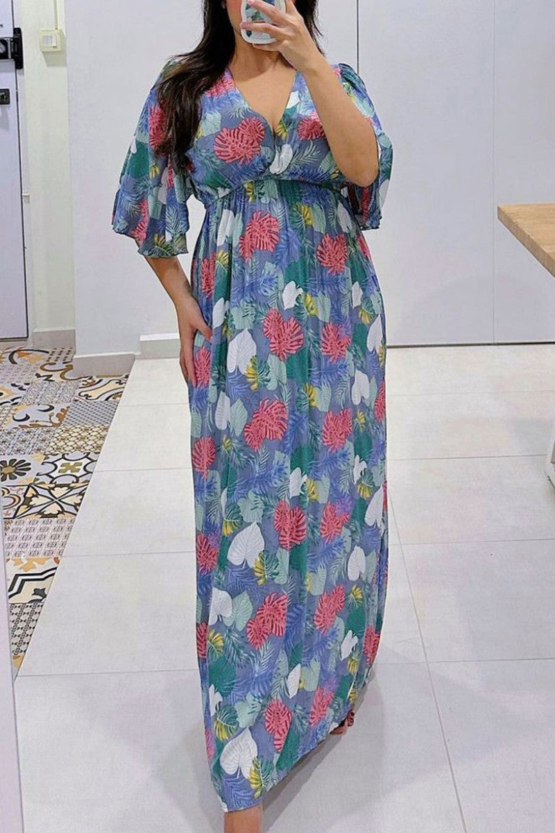 Casual Daily Print Patchwork V Neck Long Dress Dresses