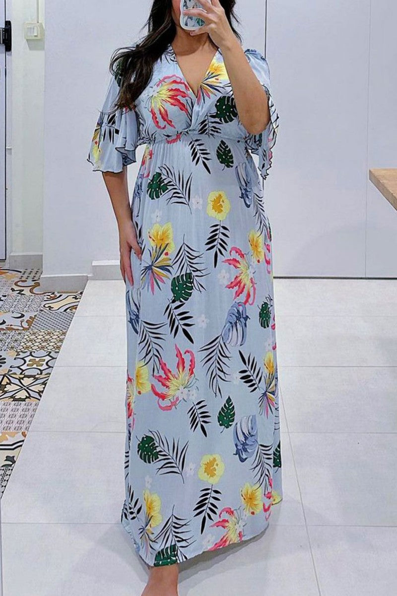 Casual Daily Print Patchwork V Neck Long Dress Dresses