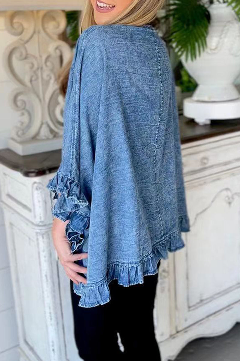 Casual Solid Flounce Cardigan Collar Nine Points Sleeve Loose Denim Jacket