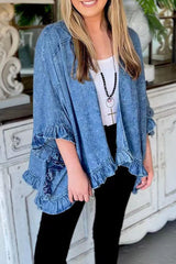 Casual Solid Flounce Cardigan Collar Nine Points Sleeve Loose Denim Jacket