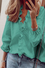 Casual Solid Flounce V Neck Tops