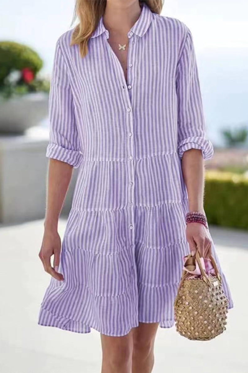 Street Elegant Geometric Draw String Turndown Collar Shirt Dress Dresses