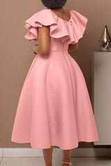 Elegant Solid Patchwork Flounce O Neck Evening Dress Dresses