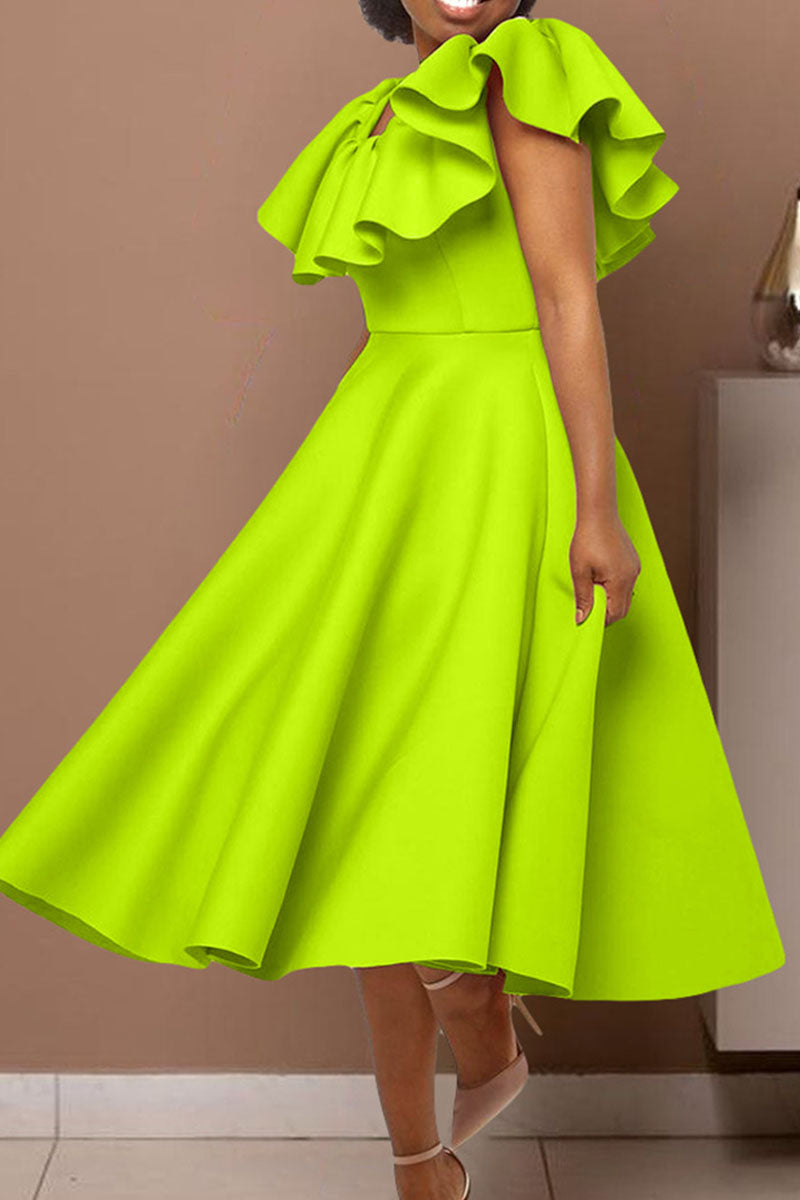 Elegant Solid Patchwork Flounce O Neck Evening Dress Dresses