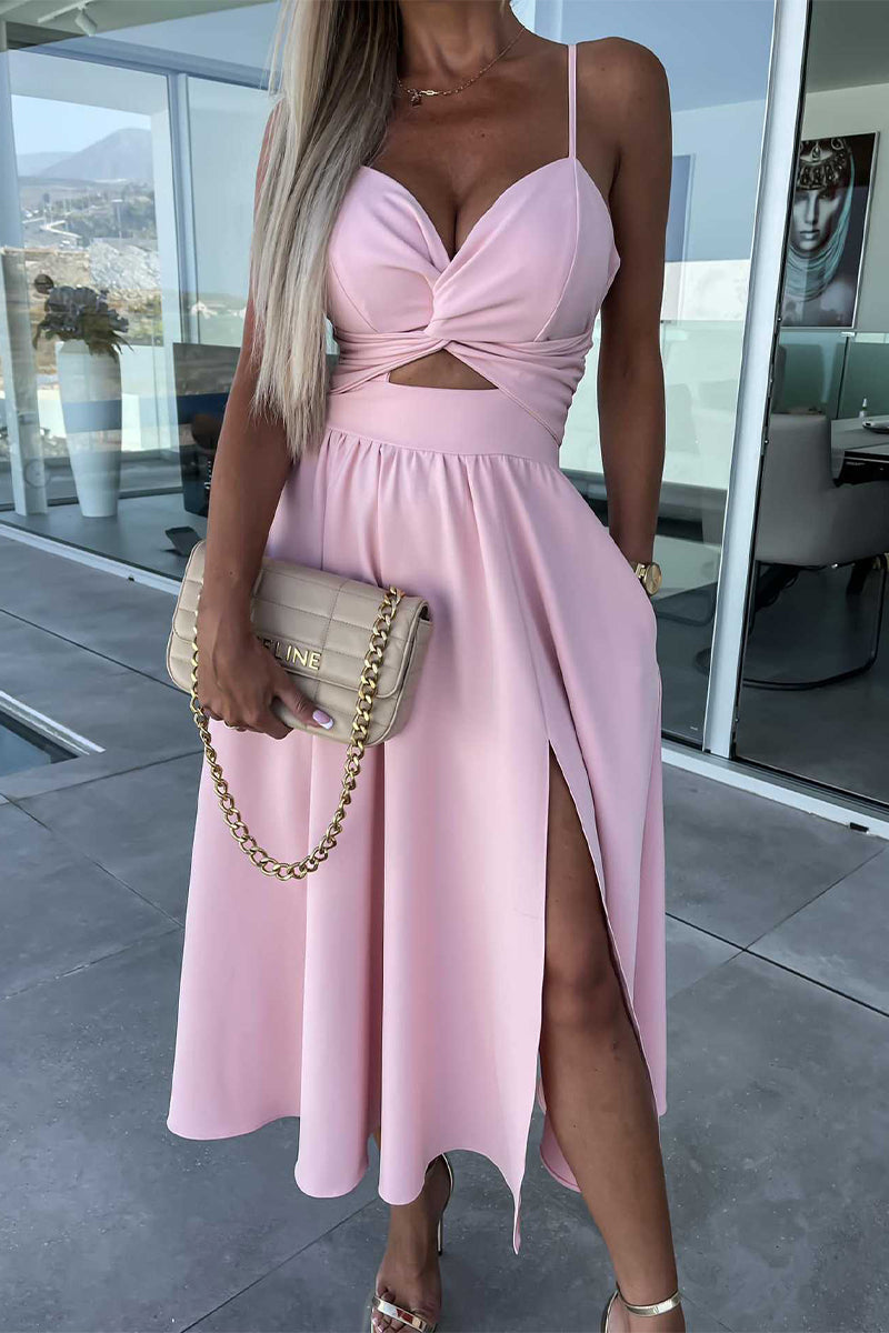 Sexy Celebrities Solid Hollowed Out Pocket Slit V Neck Evening Dress Dresses