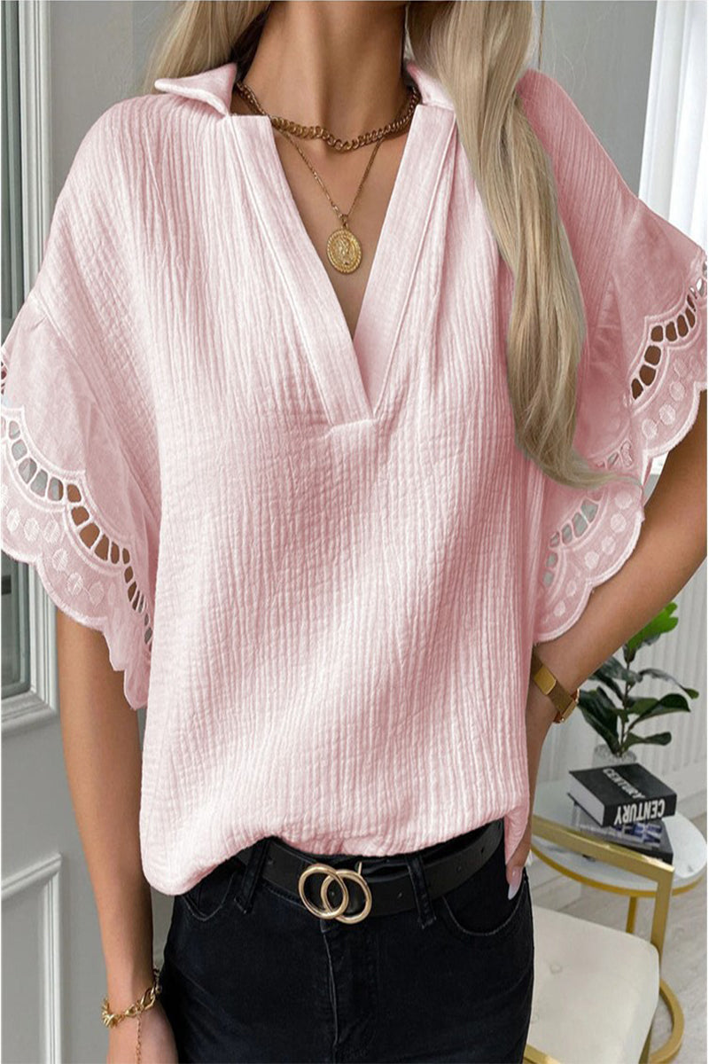 Daily Elegant Solid Lace Patchwork V Neck Tops