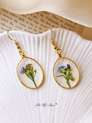 Pressed Flower Earrings -  Forget Me Not Flower Oval