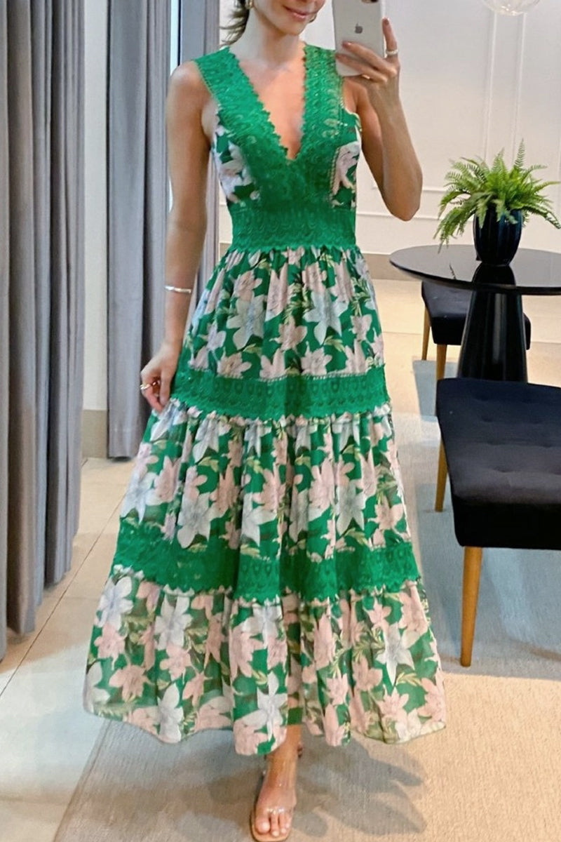 Bohemian Elegant Print Lace Patchwork V Neck Waist Skirt Dresses