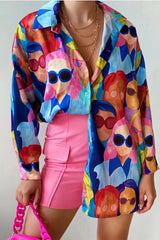 Street College Geometric Patchwork Shirt Collar Blouses