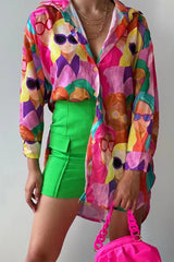 Street College Geometric Patchwork Shirt Collar Blouses