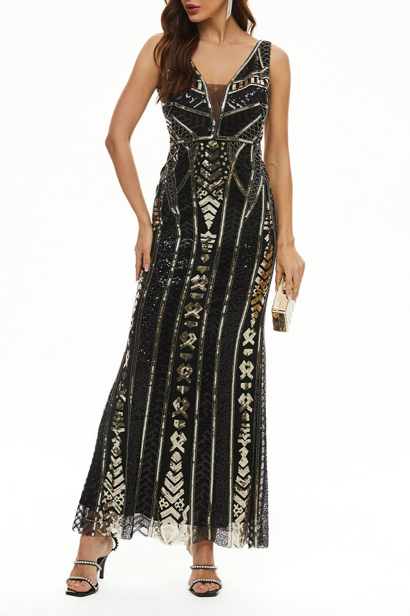 Elegant College Patchwork Sequins V Neck Evening Dress Dresses