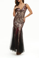 Elegant College Patchwork Sequins V Neck Evening Dress Dresses(4 Colors)）