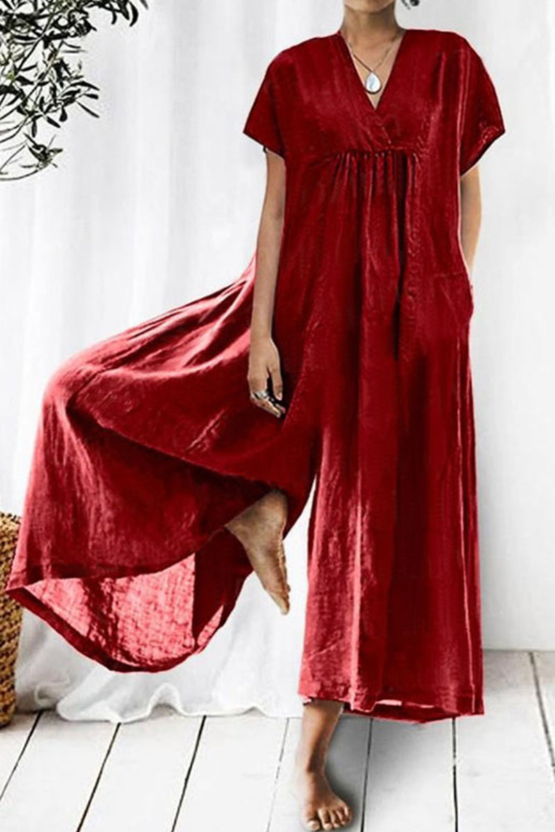 Casual Daily Solid Pocket V Neck Loose Jumpsuits