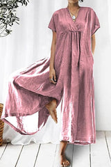 Casual Daily Solid Pocket V Neck Loose Jumpsuits