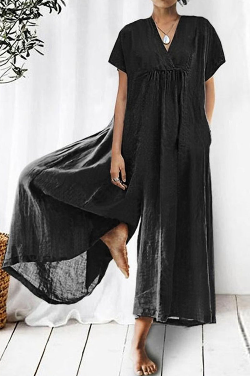 Casual Daily Solid Pocket V Neck Loose Jumpsuits