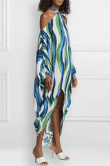 Sexy Vacation Striped Contrast Halter Irregular Dress Dresses