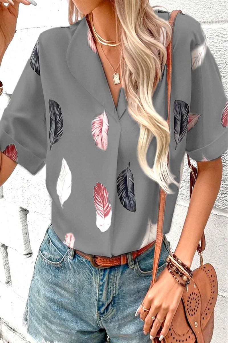 Casual Print Patchwork Turndown Collar Tops