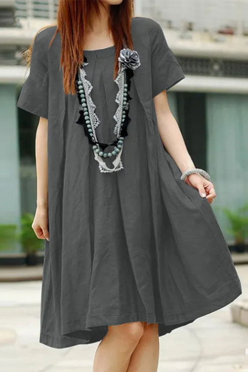 Casual Solid Fold O Neck A Line Short Sleeve Dress