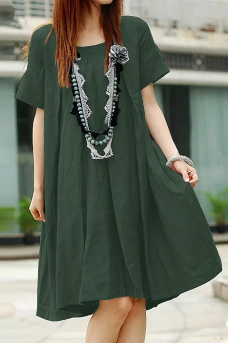 Casual Solid Fold O Neck A Line Short Sleeve Dress