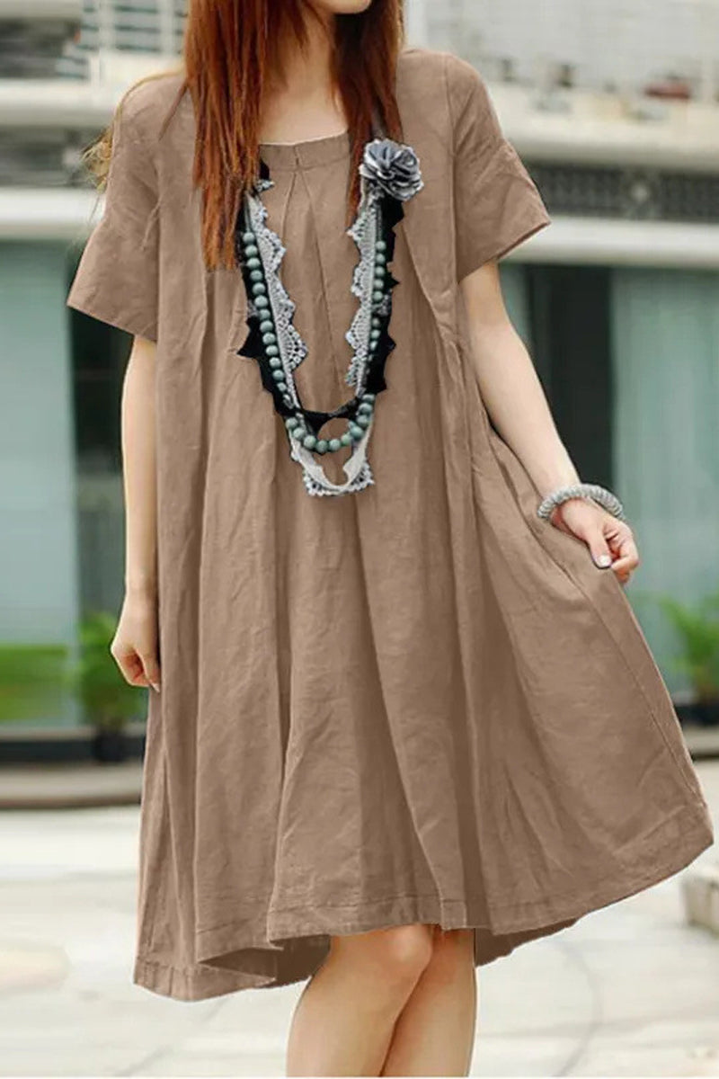 Casual Solid Fold O Neck A Line Short Sleeve Dress