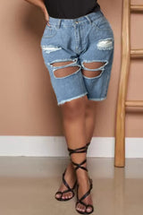 Casual Solid Ripped High Waist Regular Denim Shorts