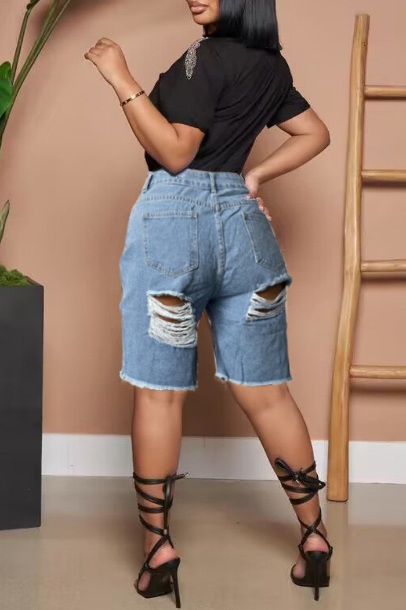 Casual Solid Ripped High Waist Regular Denim Shorts