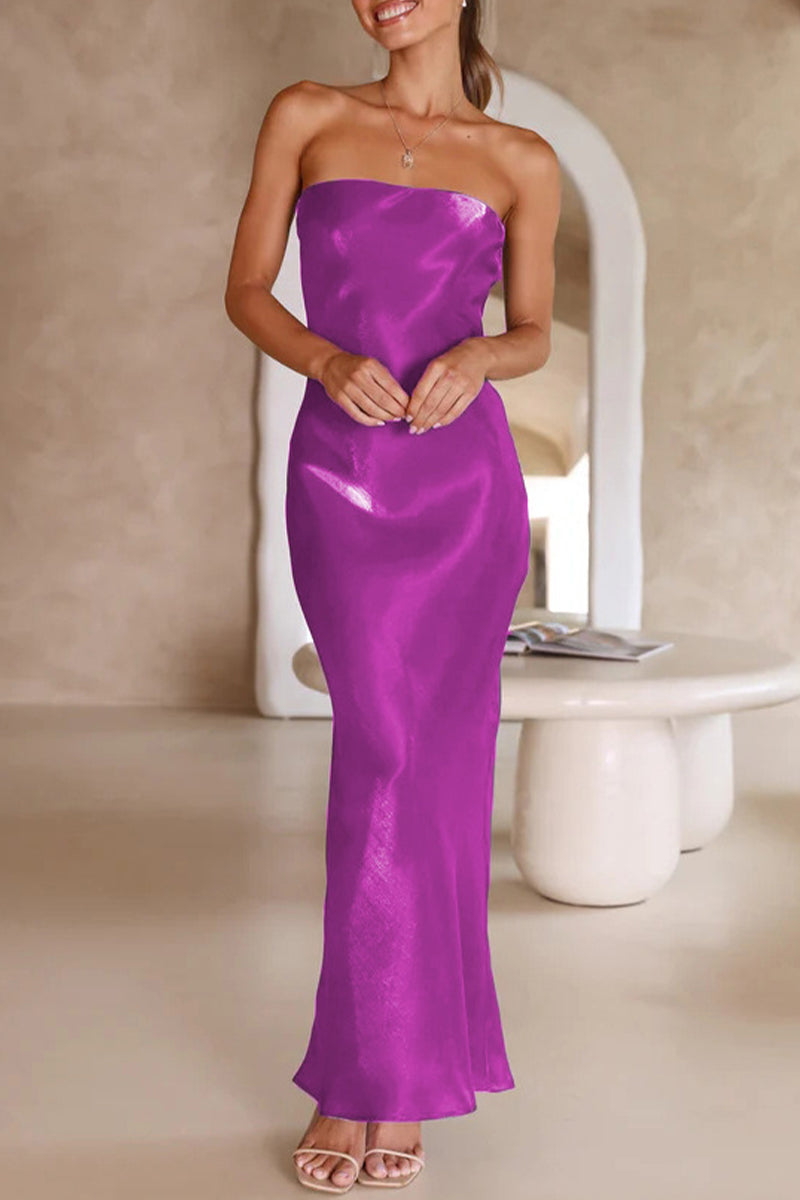 Celebrities Formal Solid Bright Silk Strapless Evening Dress Dresses(5 Colors)