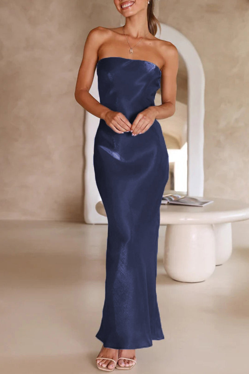 Celebrities Formal Solid Bright Silk Strapless Evening Dress Dresses(5 Colors)