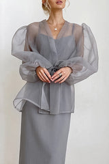 Elegant Solid Frenulum See-through V Neck Blouses