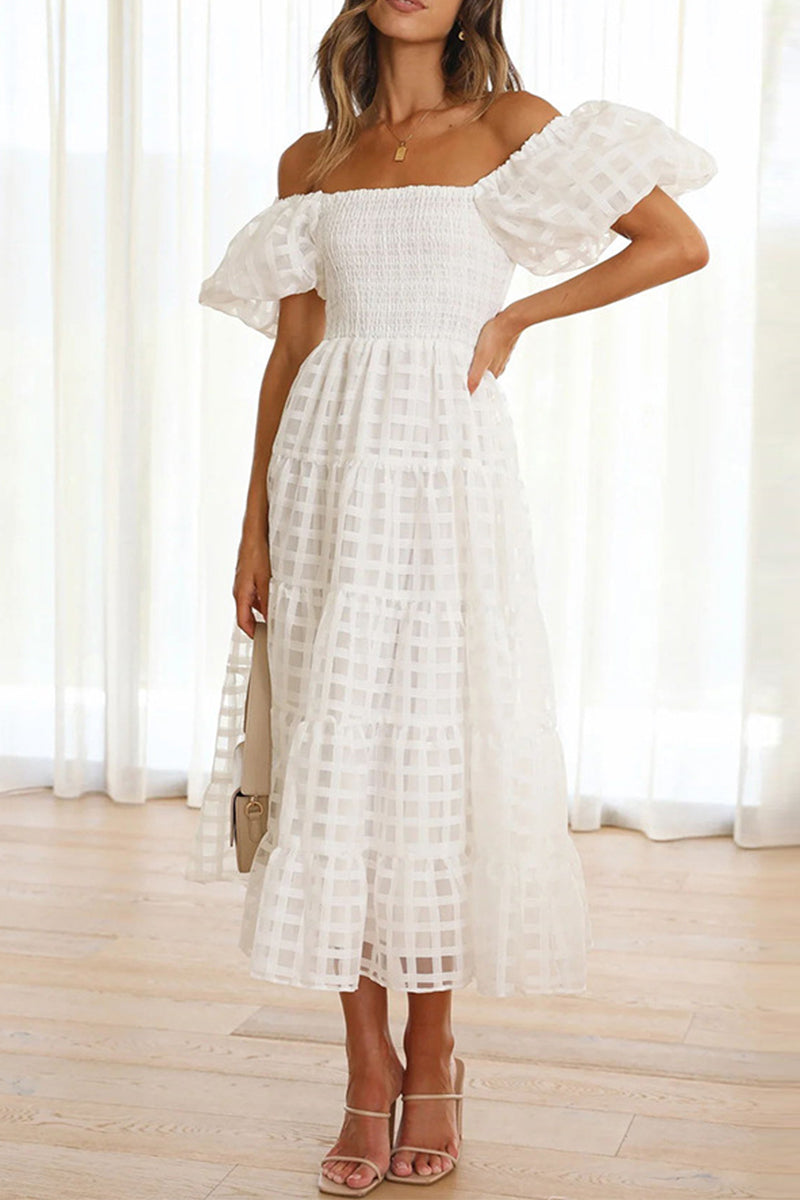 Sweet Elegant Solid Mesh Off the Shoulder Cake Skirt Dresses