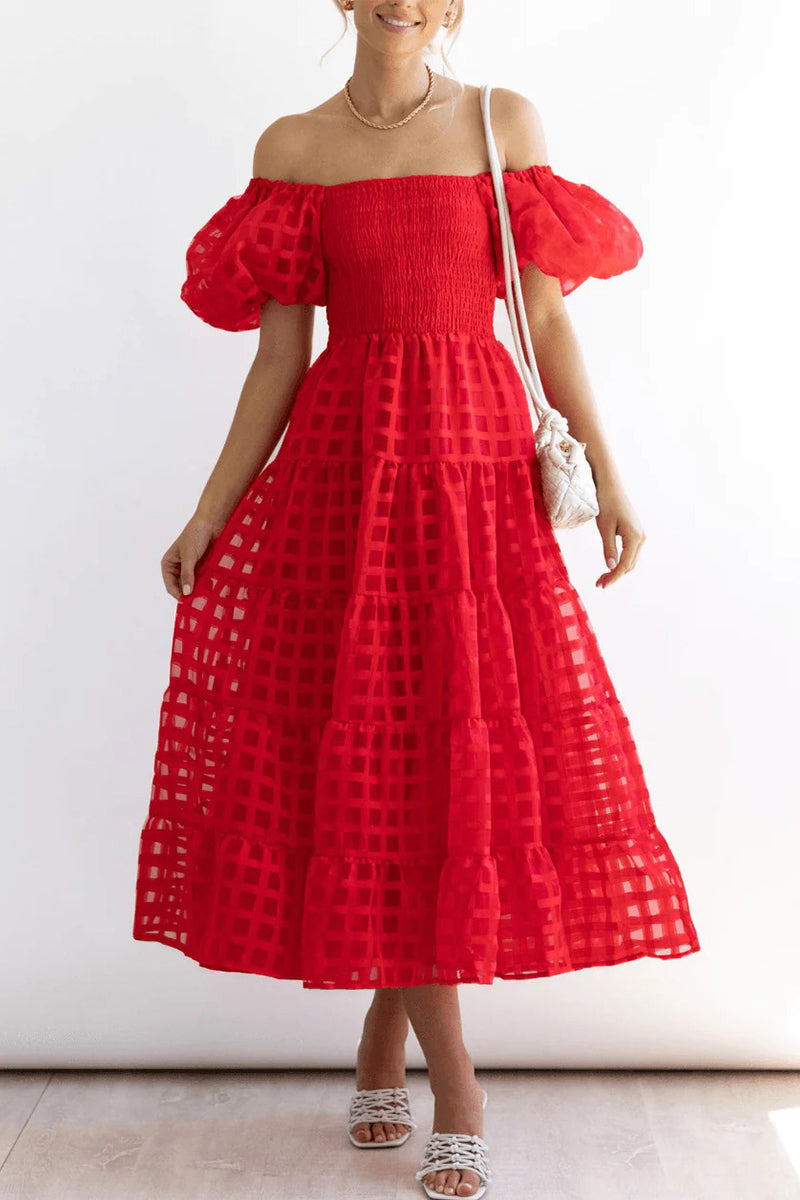 Sweet Elegant Solid Mesh Off the Shoulder Cake Skirt Dresses