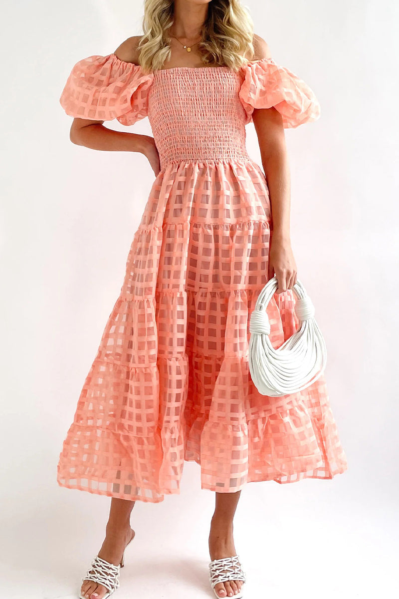 Sweet Elegant Solid Mesh Off the Shoulder Cake Skirt Dresses