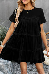 Sweet Elegant Solid Mesh O Neck Short Sleeve Dress