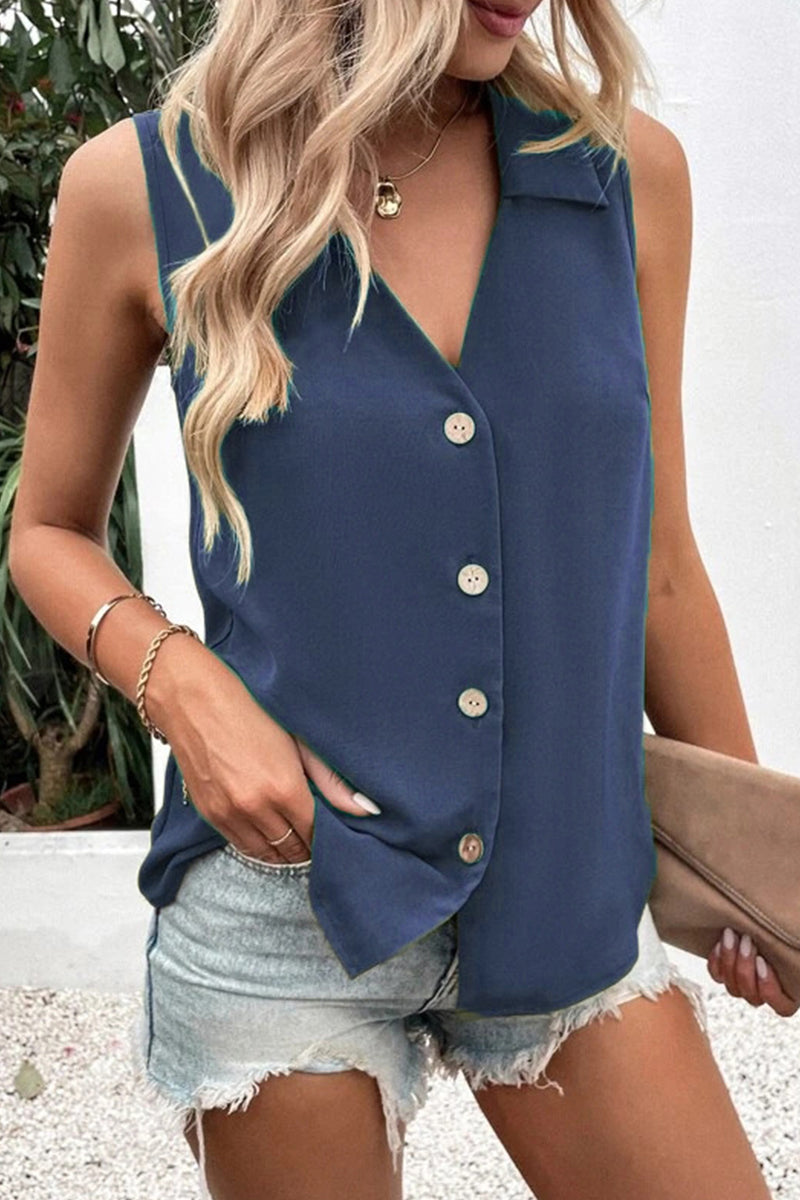 Daily Simplicity Solid Buttons V Neck Tops(5 Colors)