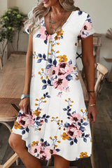 Casual Print Patchwork V Neck A Line Short Sleeve Dress