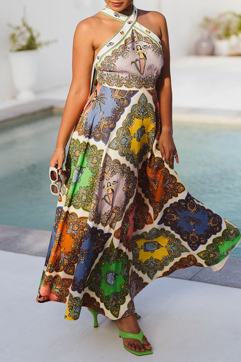 Sweet Cute Geometric Printing Halter Sleeveless Dress Dresses