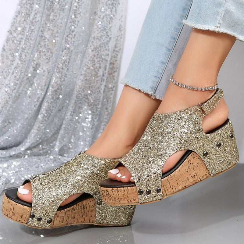 Casual Hollowed Out Sequins Patchwork Fish Mouth Out Door Wedges Shoes