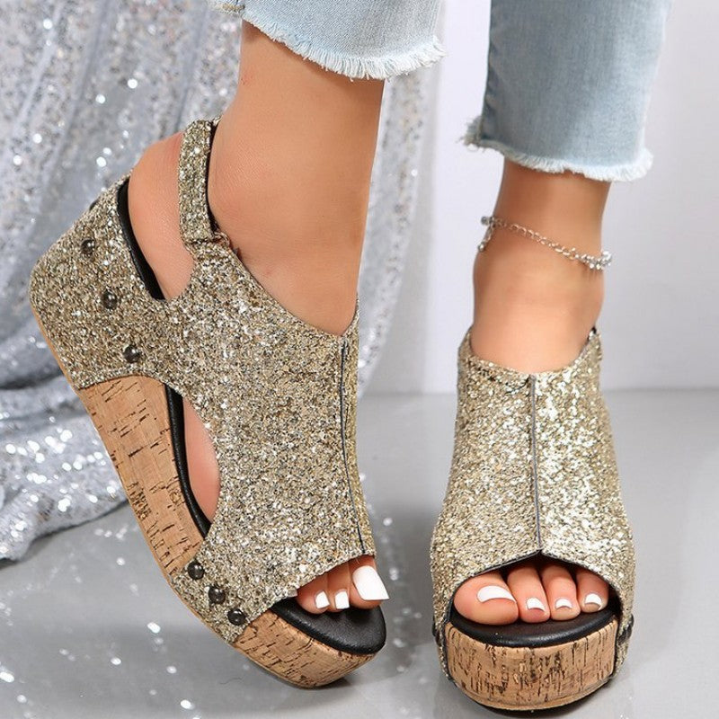 Casual Hollowed Out Sequins Patchwork Fish Mouth Out Door Wedges Shoes