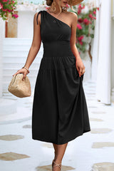 Casual Simplicity Solid Frenulum Oblique Collar Waist Skirt Dresses