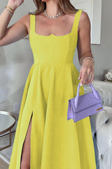 Elegant Solid Slit Square Collar Sleeveless Dress Dresses(3 Colors)