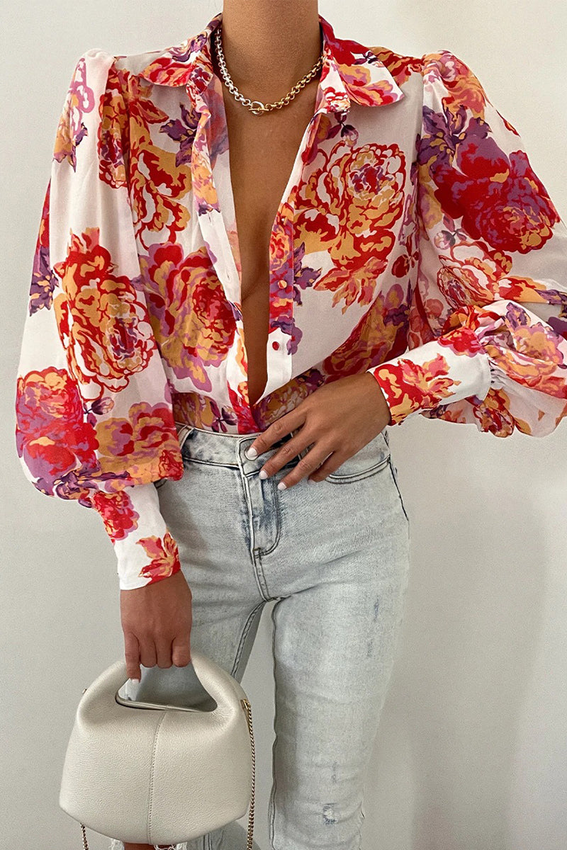 Elegant Floral Patchwork Turndown Collar Tops