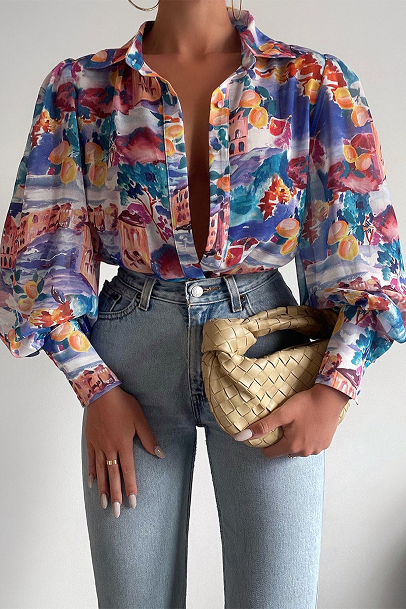 Elegant Floral Patchwork Turndown Collar Tops